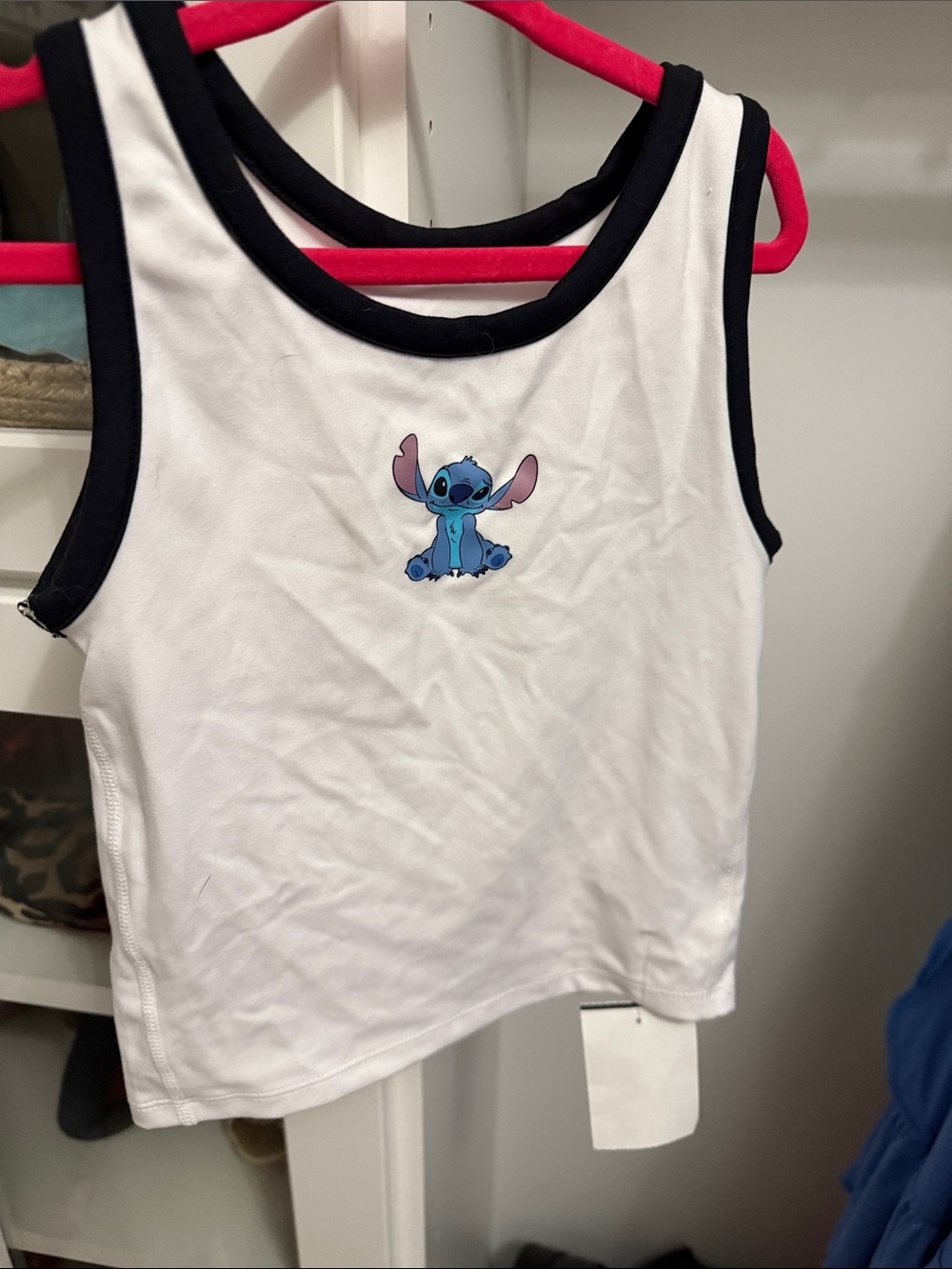 Disney White Tank Top with Black Trim and Blue Stitch Graphic